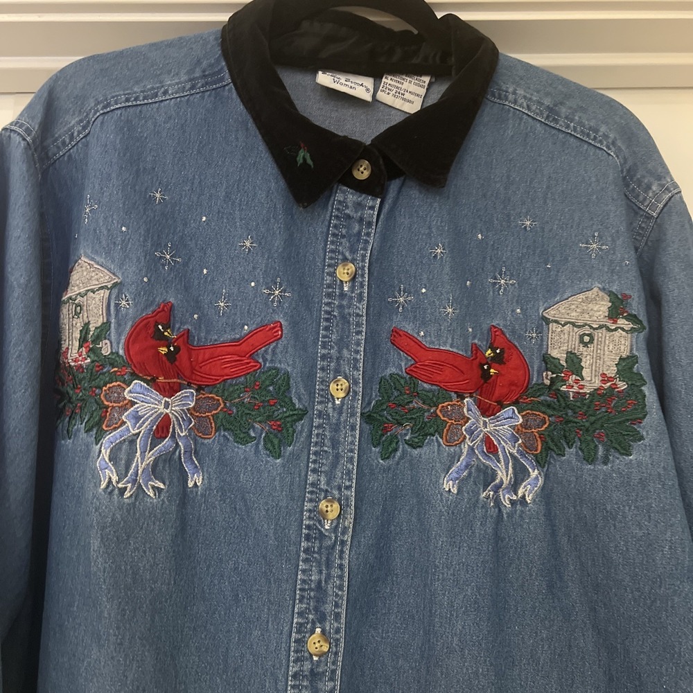 Bobby Brooks~22/24W~Holiday Black Collared LS Denim Shirt Women's